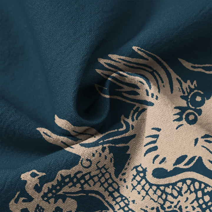 Buddha Stones Cotton Dragon Seal Pattern V-Neck Buttons Men's Long Sleeve Shirts - image 13