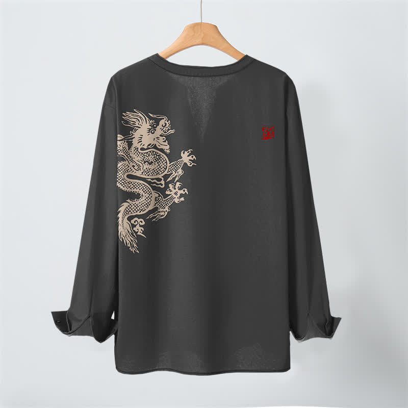 Buddha Stones Cotton Dragon Seal Pattern V-Neck Buttons Men's Long Sleeve Shirts - image 17
