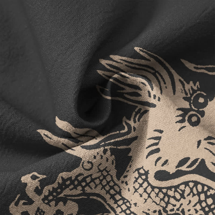 Buddha Stones Cotton Dragon Seal Pattern V-Neck Buttons Men's Long Sleeve Shirts - image 20