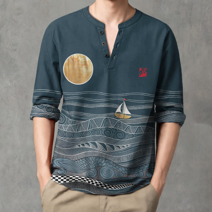 Buddha Stones Cotton Ocean Wave Sailboat Moon Pattern V-Neck Buttons Men's Long Sleeve Shirts - image 1