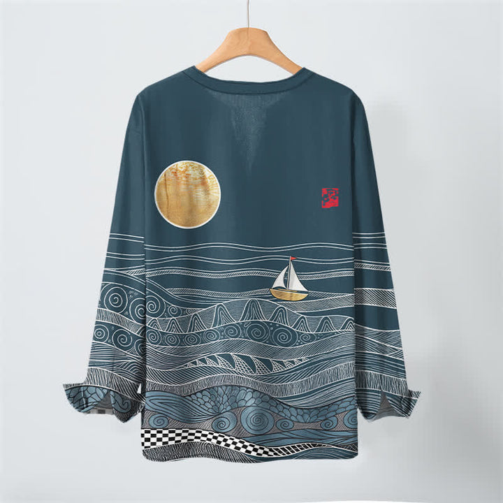 Buddha Stones Cotton Ocean Wave Sailboat Moon Pattern V-Neck Buttons Men's Long Sleeve Shirts - image 3