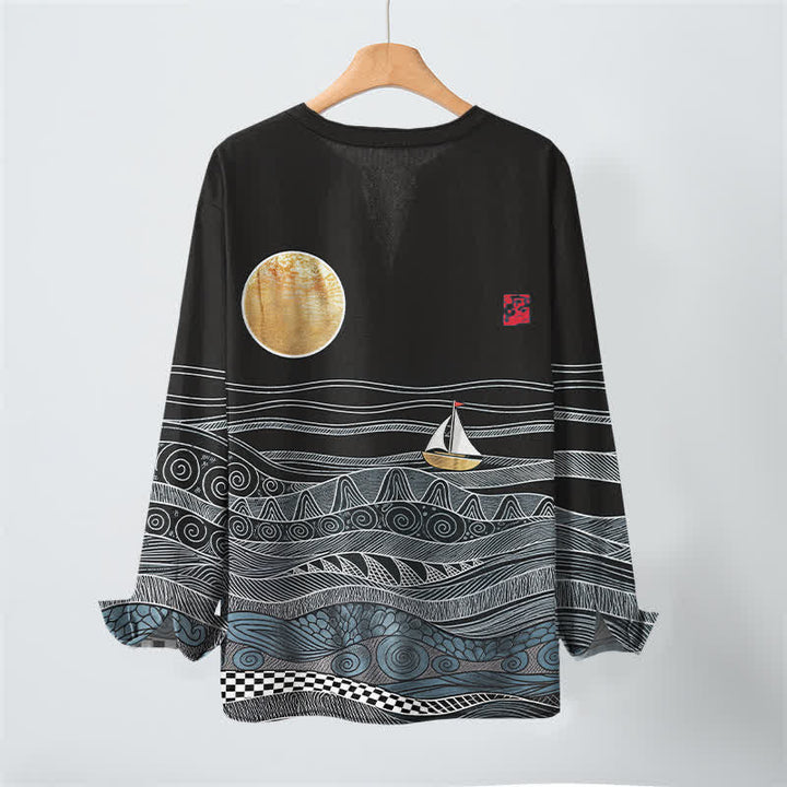 Buddha Stones Cotton Ocean Wave Sailboat Moon Pattern V-Neck Buttons Men's Long Sleeve Shirts - image 10