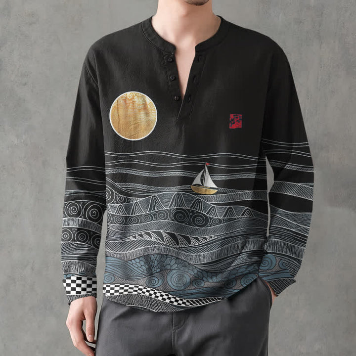 Buddha Stones Cotton Ocean Wave Sailboat Moon Pattern V-Neck Buttons Men's Long Sleeve Shirts - Black - US/UK/AU48，EU58 (4XL) - image 7
