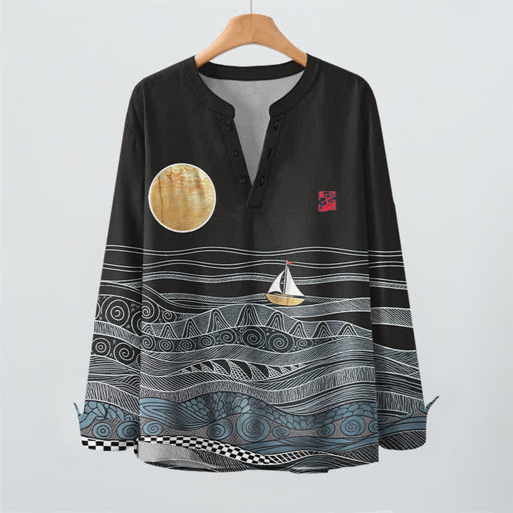 Buddha Stones Cotton Ocean Wave Sailboat Moon Pattern V-Neck Buttons Men's Long Sleeve Shirts - image 9