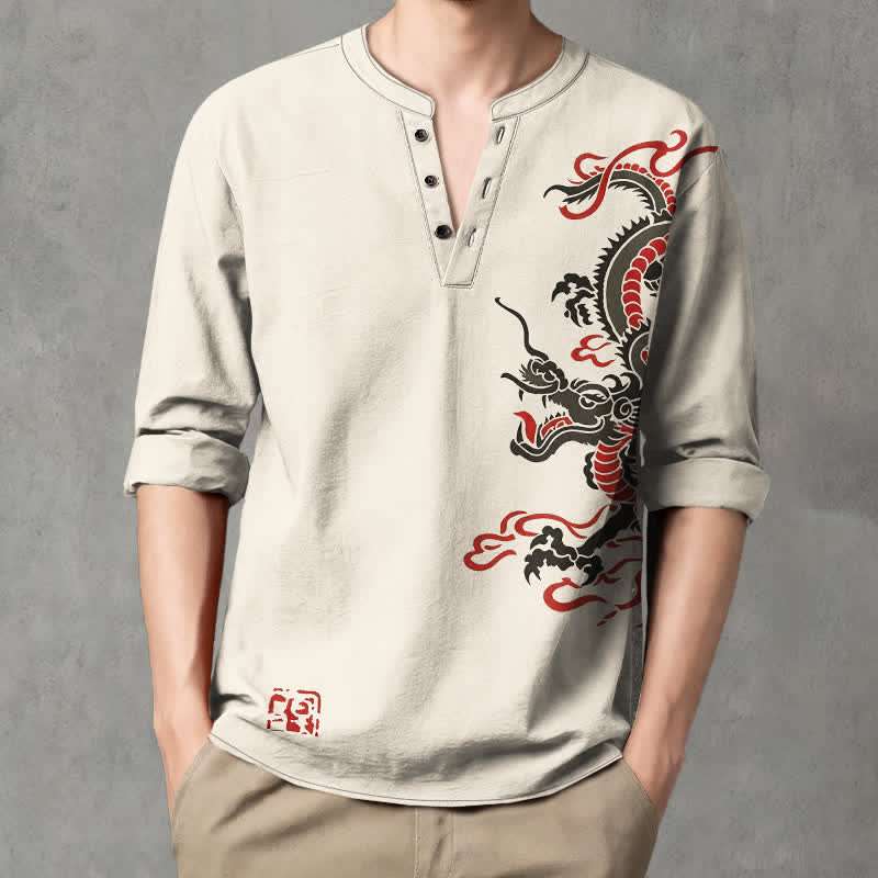 Buddha Stones Cotton Eastern Dragon Flame Pattern V-Neck Buttons Men's Long Sleeve Shirts - Beige - US/UK/AU48，EU58 (4XL) - image 0