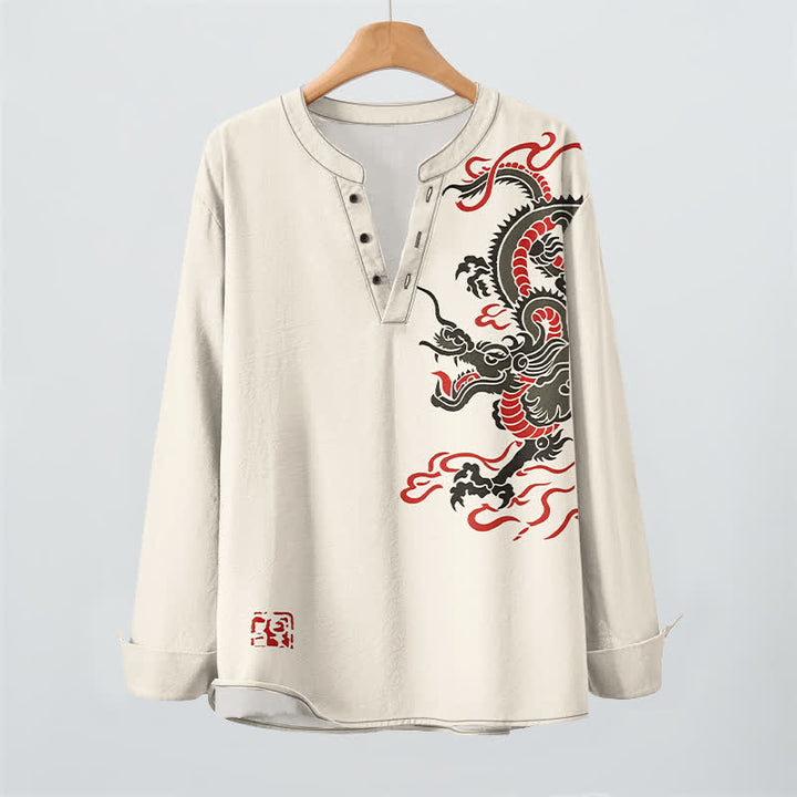 Buddha Stones Cotton Eastern Dragon Flame Pattern V-Neck Buttons Men's Long Sleeve Shirts - image 2