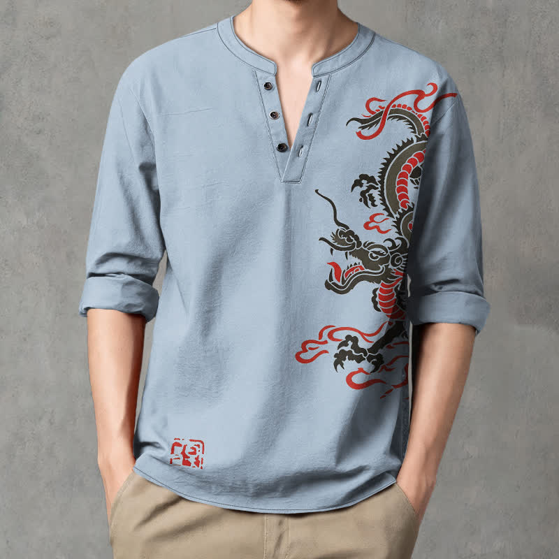 Buddha Stones Cotton Eastern Dragon Flame Pattern V-Neck Buttons Men's Long Sleeve Shirts - LightBlue - US/UK/AU48，EU58 (4XL) - image 7