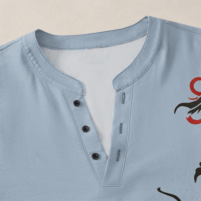 Buddha Stones Cotton Eastern Dragon Flame Pattern V-Neck Buttons Men's Long Sleeve Shirts - image 11