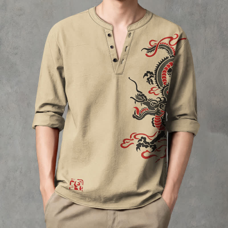 Buddha Stones Cotton Eastern Dragon Flame Pattern V-Neck Buttons Men's Long Sleeve Shirts - Tan - US/UK/AU48，EU58 (4XL) - image 14
