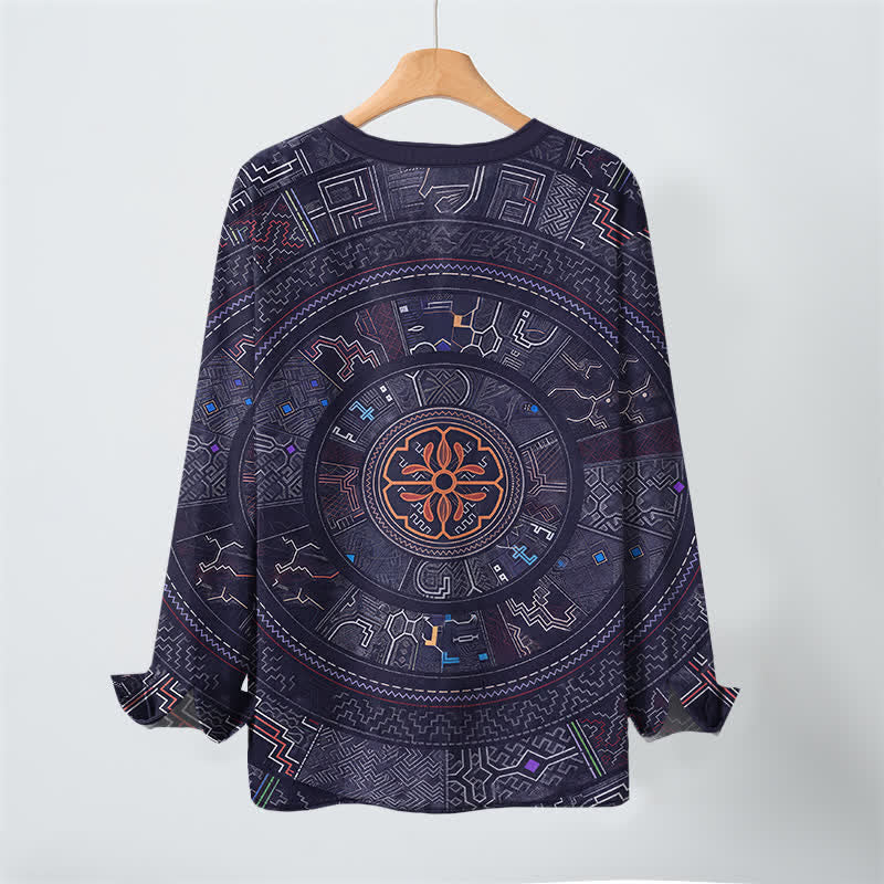 Buddha Stones Cotton Tribal Mandala Pattern V-Neck Buttons Men's Long Sleeve Shirts - image 3