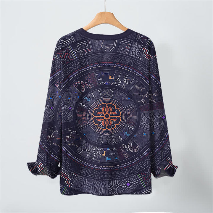 Buddha Stones Cotton Tribal Mandala Pattern V-Neck Buttons Men's Long Sleeve Shirts - image 3
