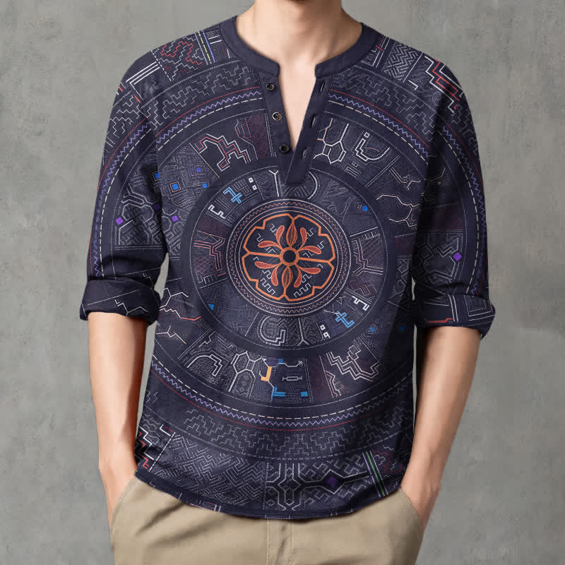 Buddha Stones Cotton Tribal Mandala Pattern V-Neck Buttons Men's Long Sleeve Shirts - Navy - US/UK/AU48，EU58 (4XL) - image 0