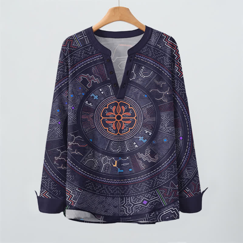 Buddha Stones Cotton Tribal Mandala Pattern V-Neck Buttons Men's Long Sleeve Shirts - image 2