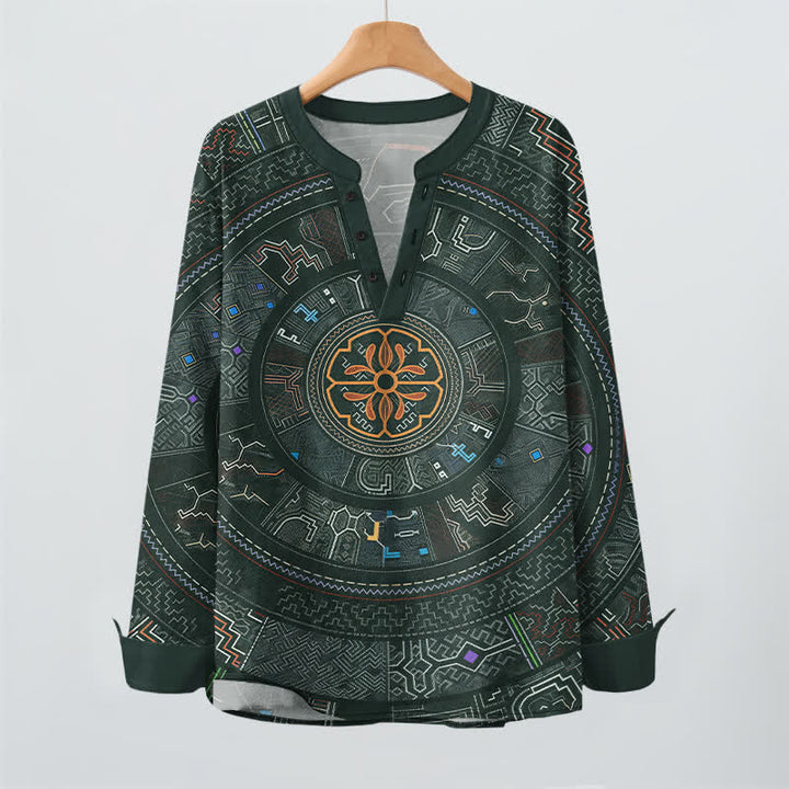 Buddha Stones Cotton Tribal Mandala Pattern V-Neck Buttons Men's Long Sleeve Shirts - image 9