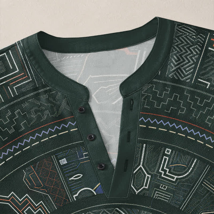 Buddha Stones Cotton Tribal Mandala Pattern V-Neck Buttons Men's Long Sleeve Shirts - image 11
