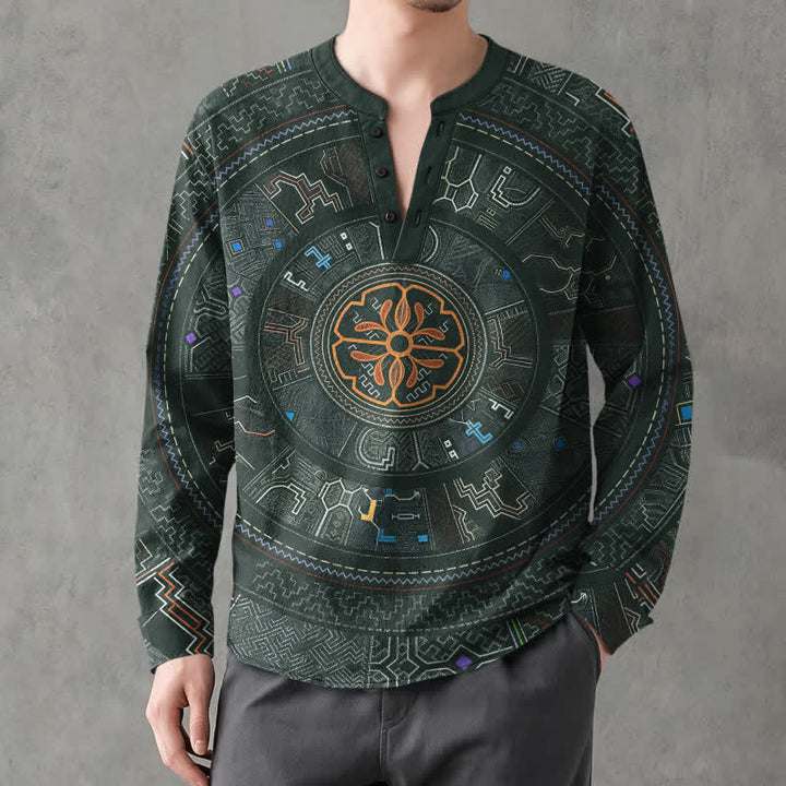 Buddha Stones Cotton Tribal Mandala Pattern V-Neck Buttons Men's Long Sleeve Shirts - image 8