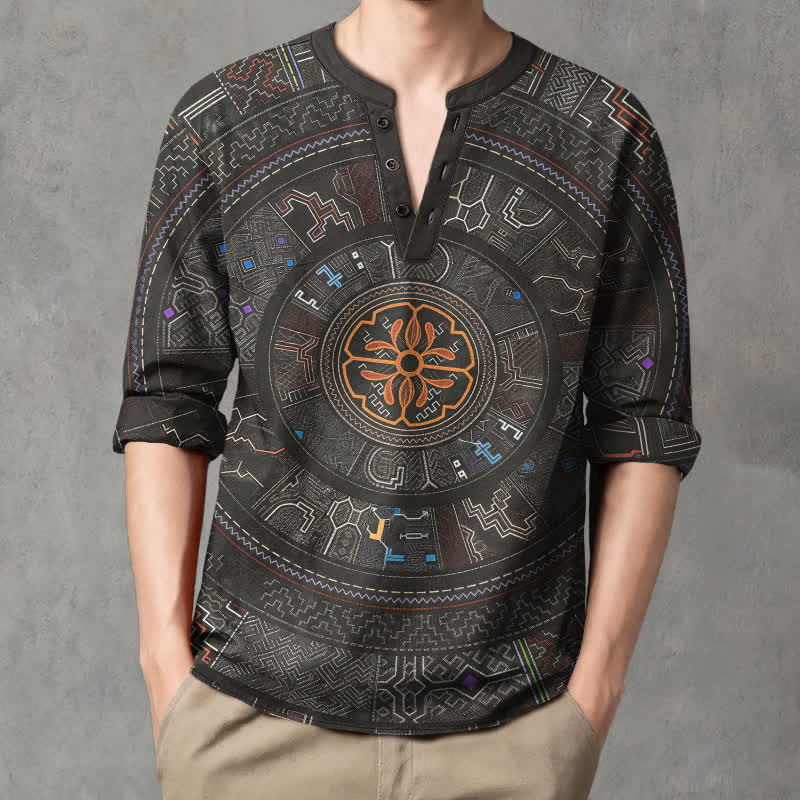 Buddha Stones Cotton Tribal Mandala Pattern V-Neck Buttons Men's Long Sleeve Shirts - Black - US/UK/AU48，EU58 (4XL) - image 14