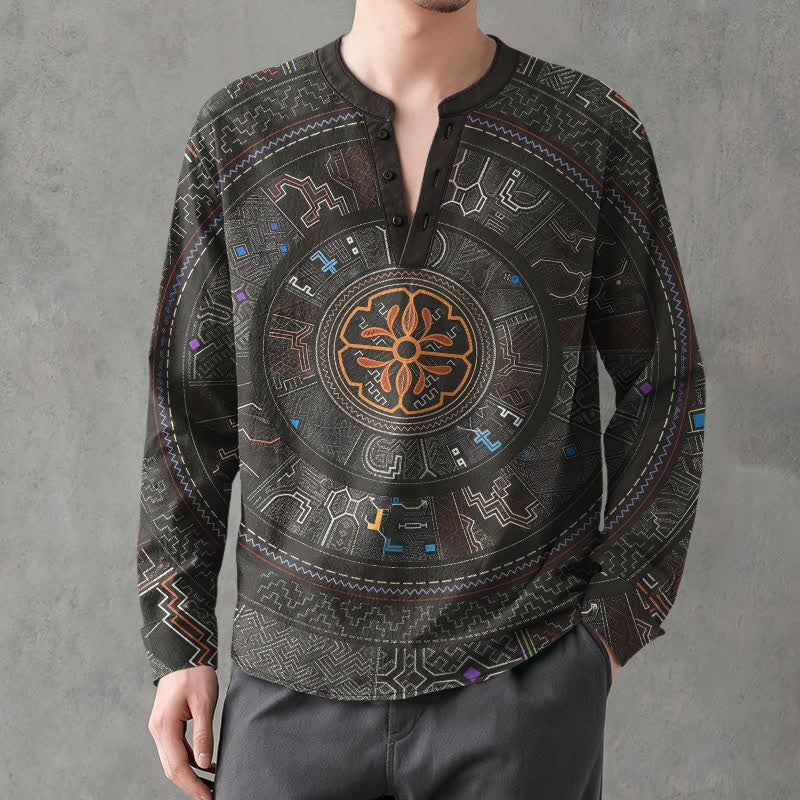 Buddha Stones Cotton Tribal Mandala Pattern V-Neck Buttons Men's Long Sleeve Shirts - image 15