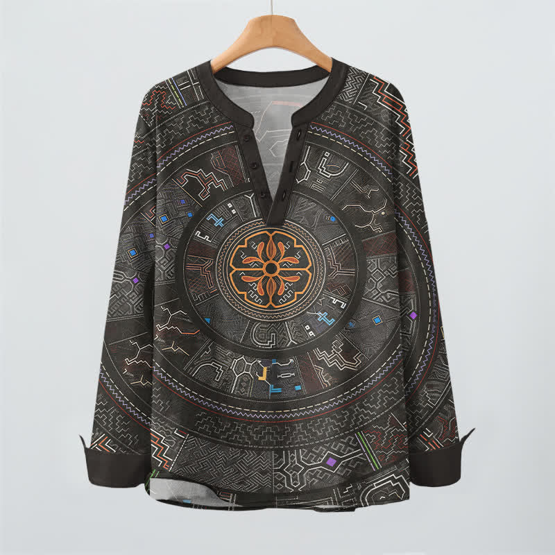 Buddha Stones Cotton Tribal Mandala Pattern V-Neck Buttons Men's Long Sleeve Shirts - image 16