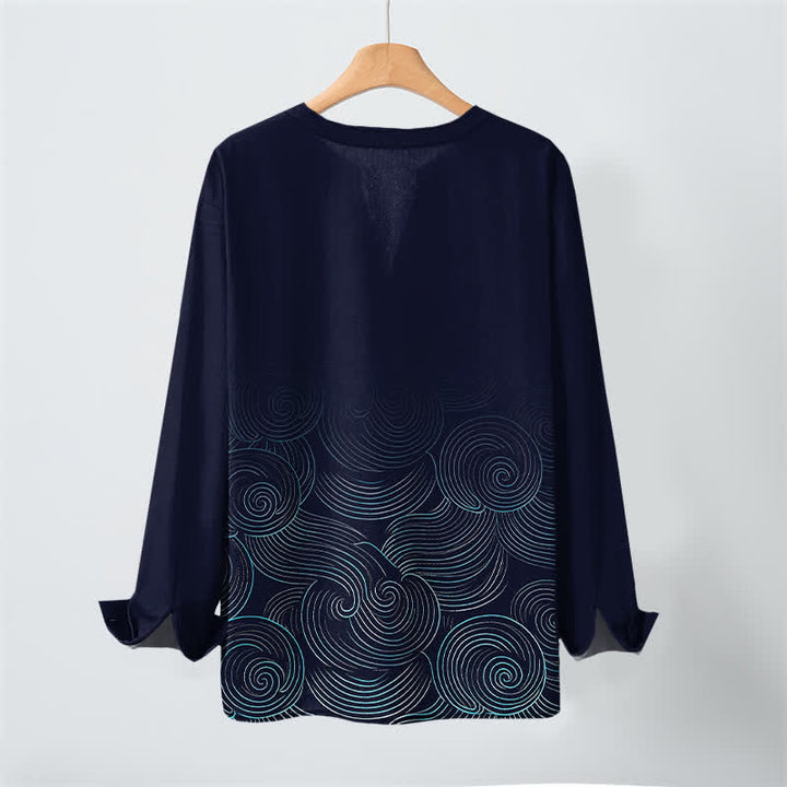 Buddha Stones Cotton Ocean Wave Spiral Pattern V-Neck Buttons Men's Long Sleeve Shirts - image 3
