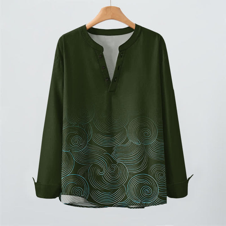Buddha Stones Cotton Ocean Wave Spiral Pattern V-Neck Buttons Men's Long Sleeve Shirts - image 9