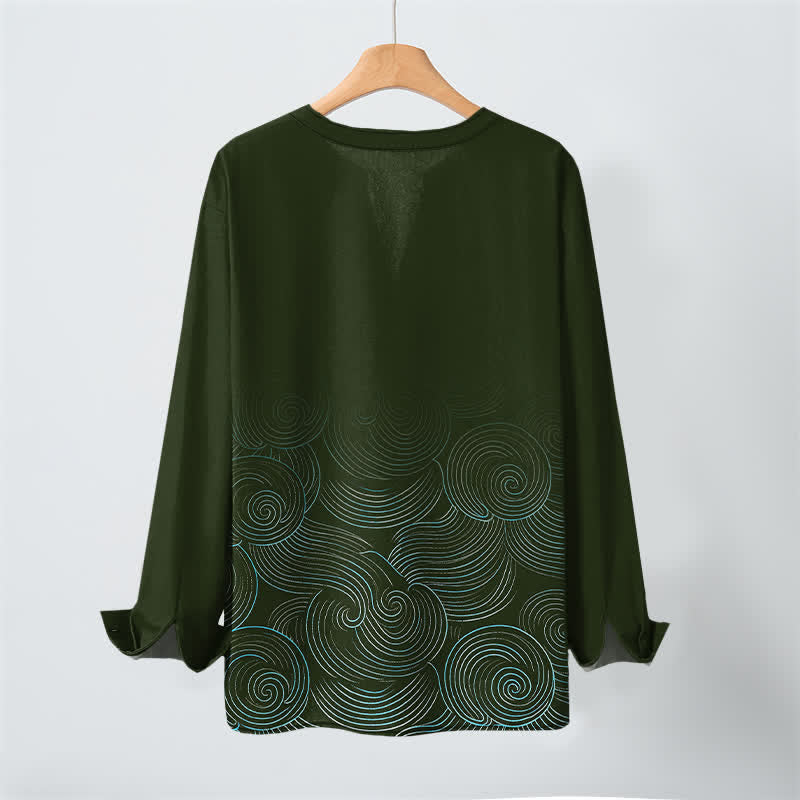 Buddha Stones Cotton Ocean Wave Spiral Pattern V-Neck Buttons Men's Long Sleeve Shirts - image 10