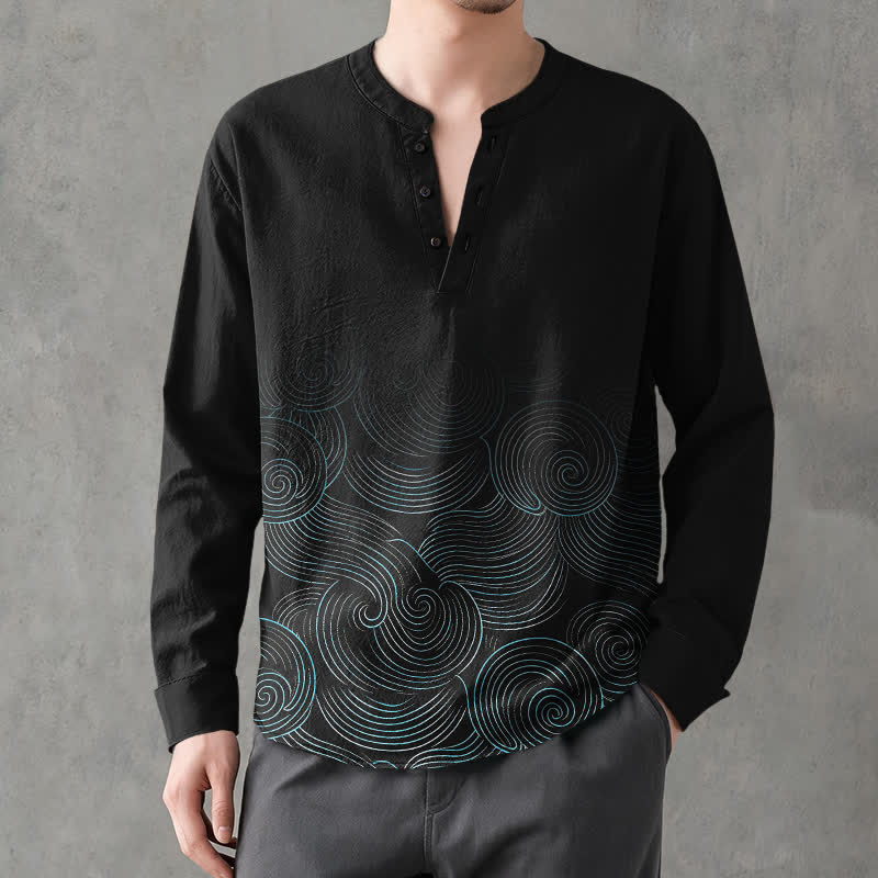 Buddha Stones Cotton Ocean Wave Spiral Pattern V-Neck Buttons Men's Long Sleeve Shirts - image 15