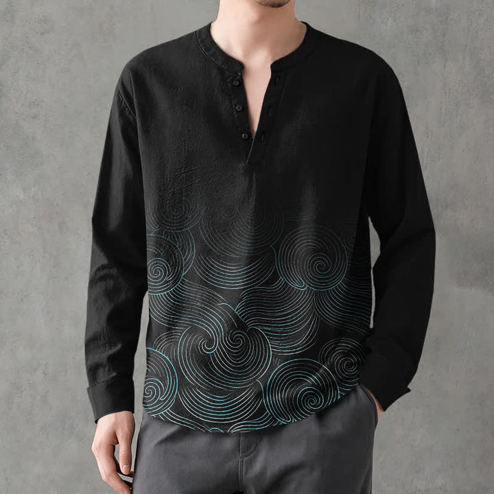 Buddha Stones Cotton Ocean Wave Spiral Pattern V-Neck Buttons Men's Long Sleeve Shirts - image 15