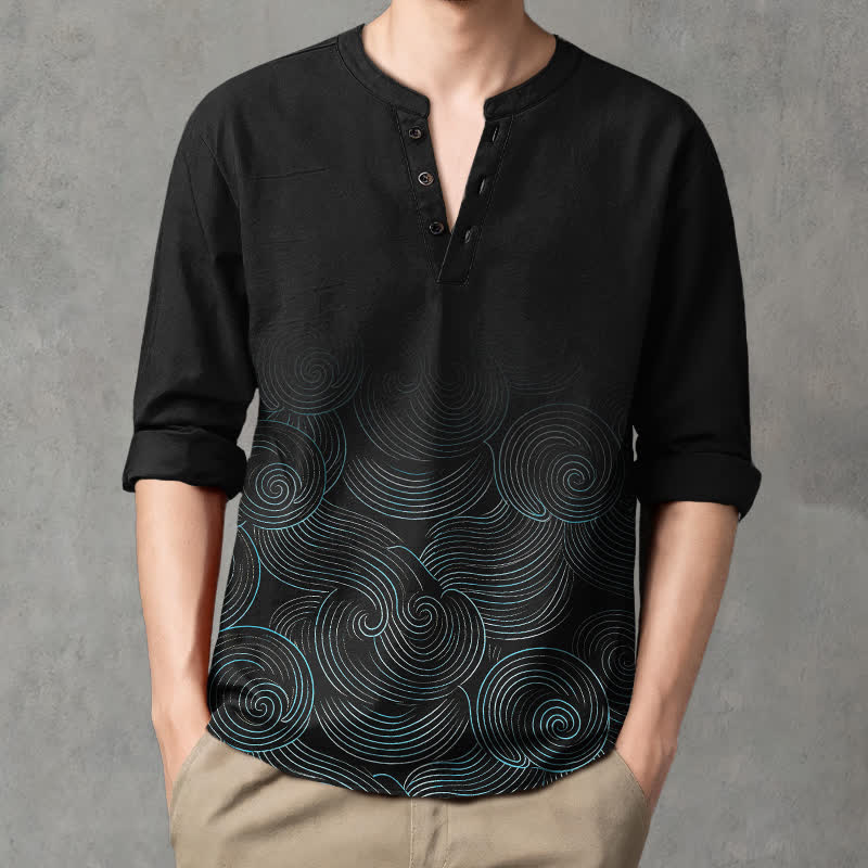 Buddha Stones Cotton Ocean Wave Spiral Pattern V-Neck Buttons Men's Long Sleeve Shirts - Black - US/UK/AU48，EU58 (4XL) - image 14