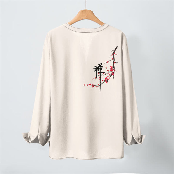 Buddha Stones Cotton Zen Plum Blossom Pattern V-Neck Buttons Men's Long Sleeve Shirts - image 3
