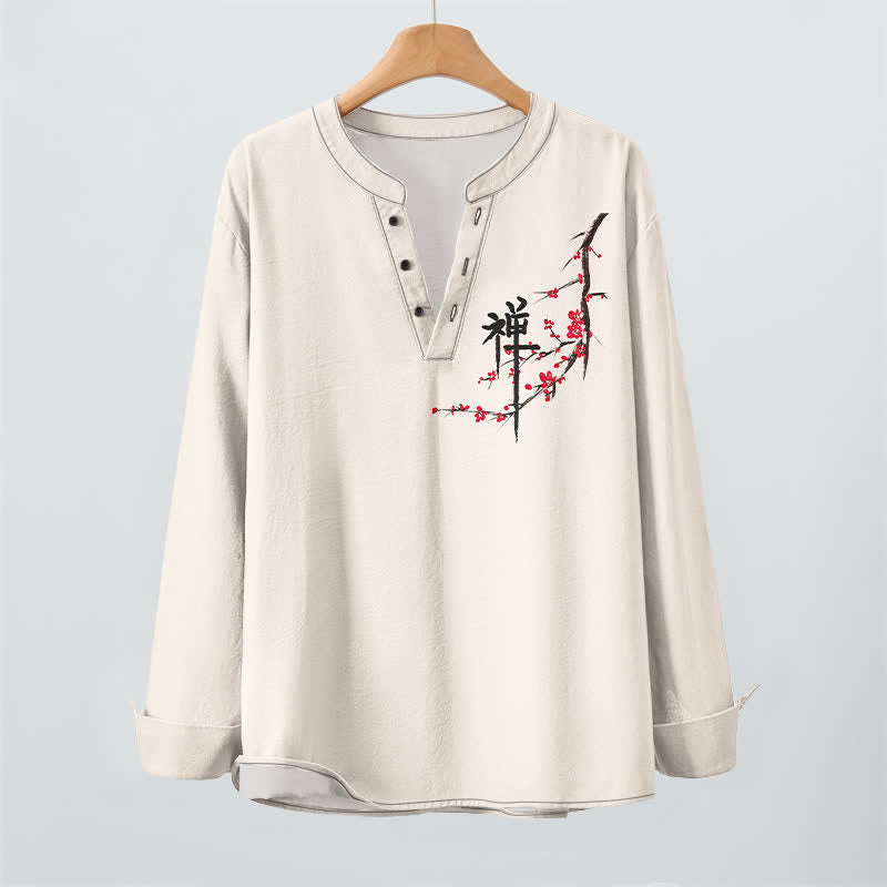 Buddha Stones Cotton Zen Plum Blossom Pattern V-Neck Buttons Men's Long Sleeve Shirts - image 2