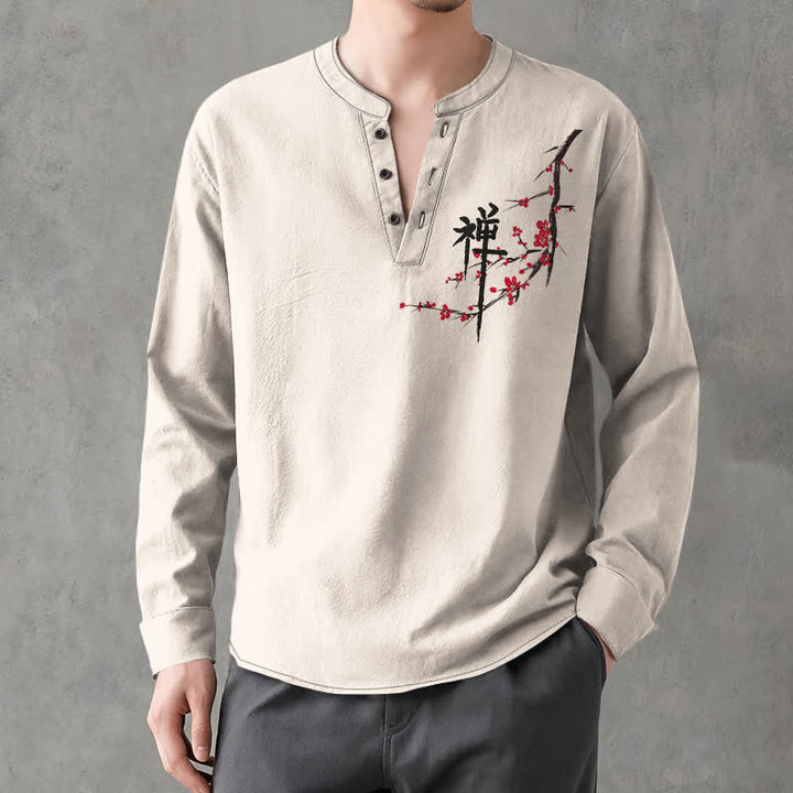 Buddha Stones Cotton Zen Plum Blossom Pattern V-Neck Buttons Men's Long Sleeve Shirts - Linen - US/UK/AU48，EU58 (4XL) - image 0