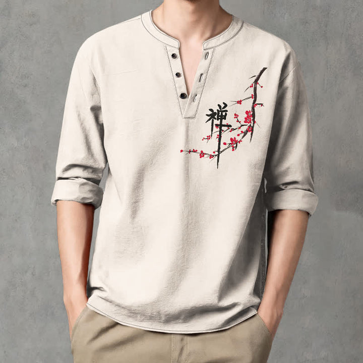 Buddha Stones Cotton Zen Plum Blossom Pattern V-Neck Buttons Men's Long Sleeve Shirts - image 1
