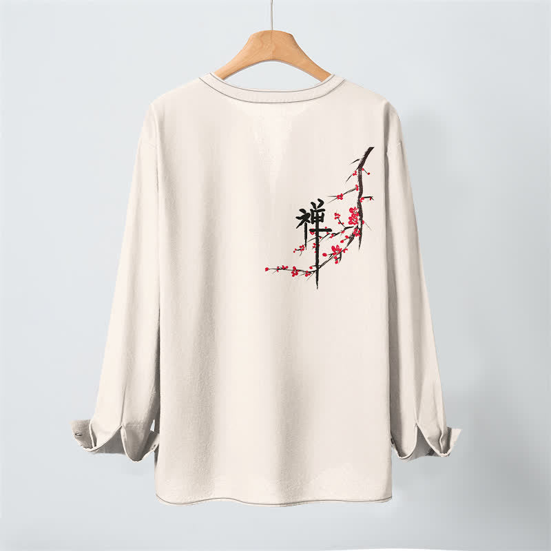 Buddha Stones Cotton Zen Plum Blossom Pattern V-Neck Buttons Men's Long Sleeve Shirts - image 3