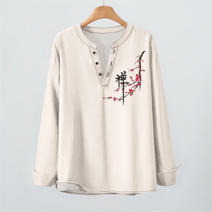 Buddha Stones Cotton Zen Plum Blossom Pattern V-Neck Buttons Men's Long Sleeve Shirts - image 2