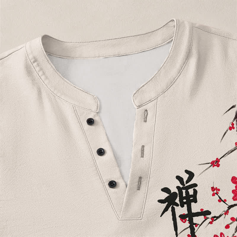 Buddha Stones Cotton Zen Plum Blossom Pattern V-Neck Buttons Men's Long Sleeve Shirts - image 4
