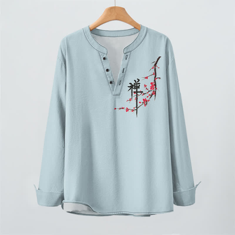Buddha Stones Cotton Zen Plum Blossom Pattern V-Neck Buttons Men's Long Sleeve Shirts - image 9