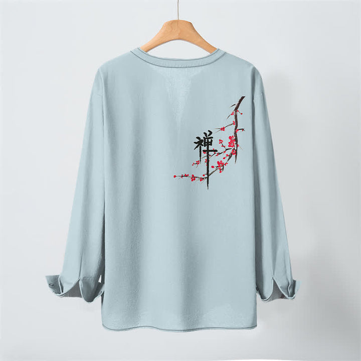 Buddha Stones Cotton Zen Plum Blossom Pattern V-Neck Buttons Men's Long Sleeve Shirts - image 10