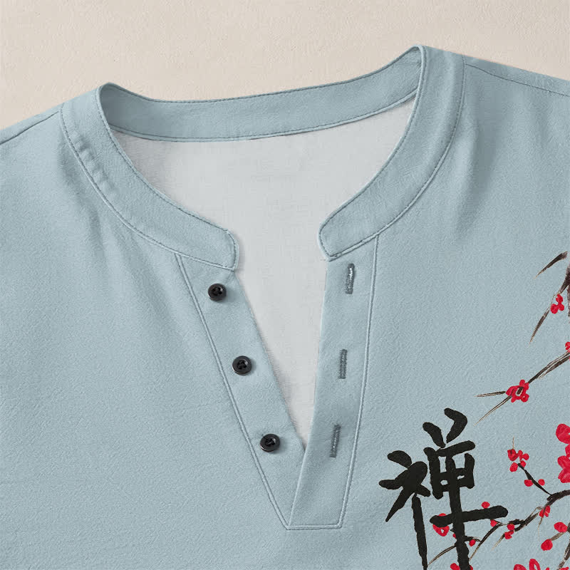 Buddha Stones Cotton Zen Plum Blossom Pattern V-Neck Buttons Men's Long Sleeve Shirts - image 11