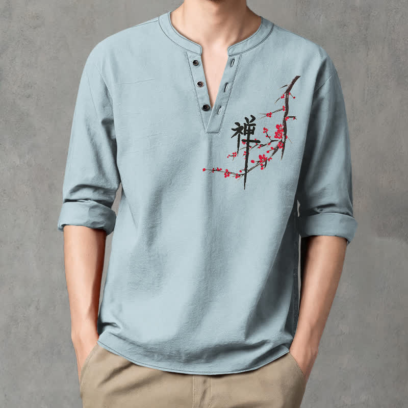 Buddha Stones Cotton Zen Plum Blossom Pattern V-Neck Buttons Men's Long Sleeve Shirts - image 8