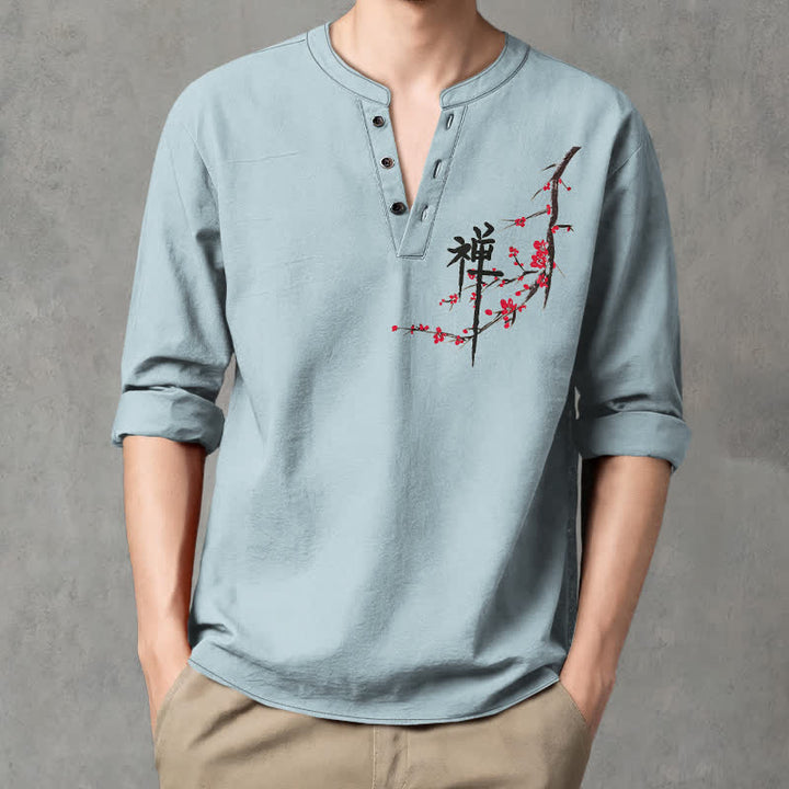 Buddha Stones Cotton Zen Plum Blossom Pattern V-Neck Buttons Men's Long Sleeve Shirts - image 8