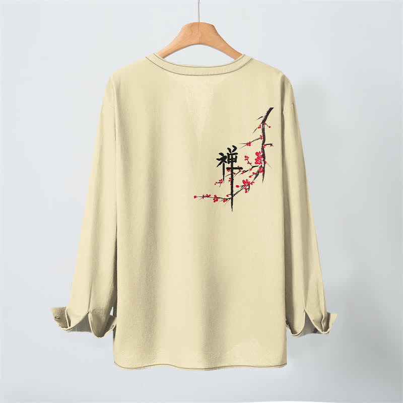 Buddha Stones Cotton Zen Plum Blossom Pattern V-Neck Buttons Men's Long Sleeve Shirts - image 17