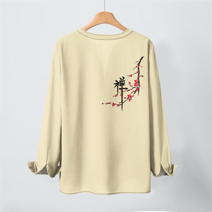 Buddha Stones Cotton Zen Plum Blossom Pattern V-Neck Buttons Men's Long Sleeve Shirts - image 17