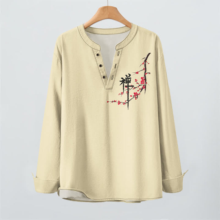 Buddha Stones Cotton Zen Plum Blossom Pattern V-Neck Buttons Men's Long Sleeve Shirts - image 16