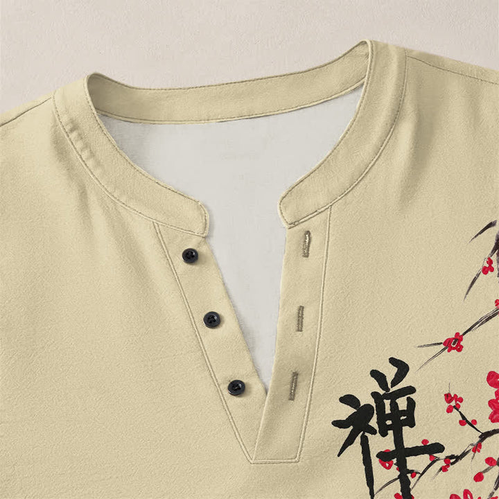 Buddha Stones Cotton Zen Plum Blossom Pattern V-Neck Buttons Men's Long Sleeve Shirts - image 18