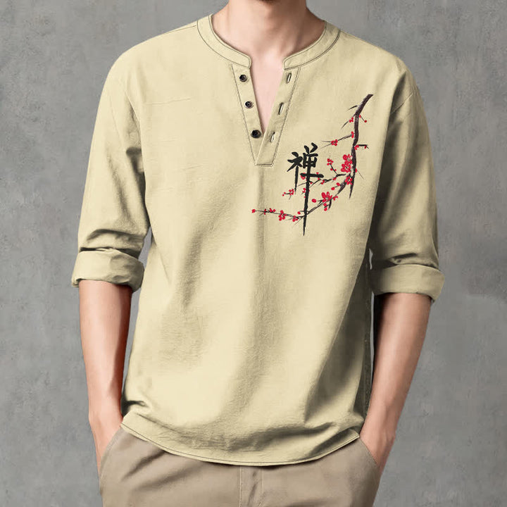 Buddha Stones Cotton Zen Plum Blossom Pattern V-Neck Buttons Men's Long Sleeve Shirts - image 15