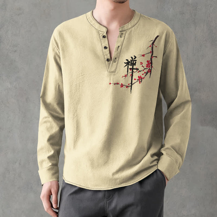 Buddha Stones Cotton Zen Plum Blossom Pattern V-Neck Buttons Men's Long Sleeve Shirts - Khaki - US/UK/AU48，EU58 (4XL) - image 14