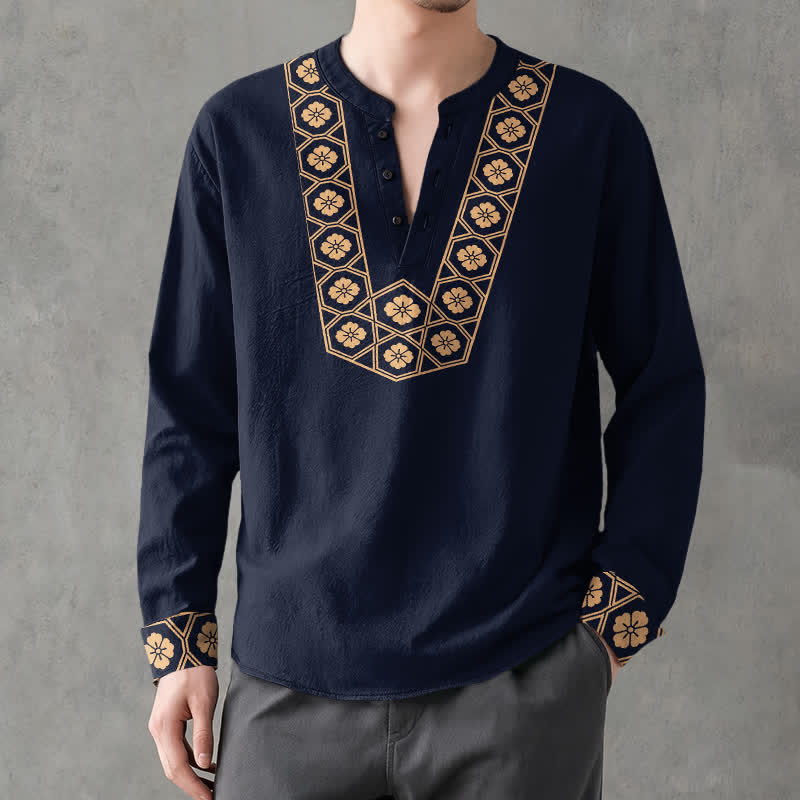 Buddha Stones Cotton Ethnic Flower Grid Pattern V-Neck Buttons Men's Long Sleeve Shirts - image 1