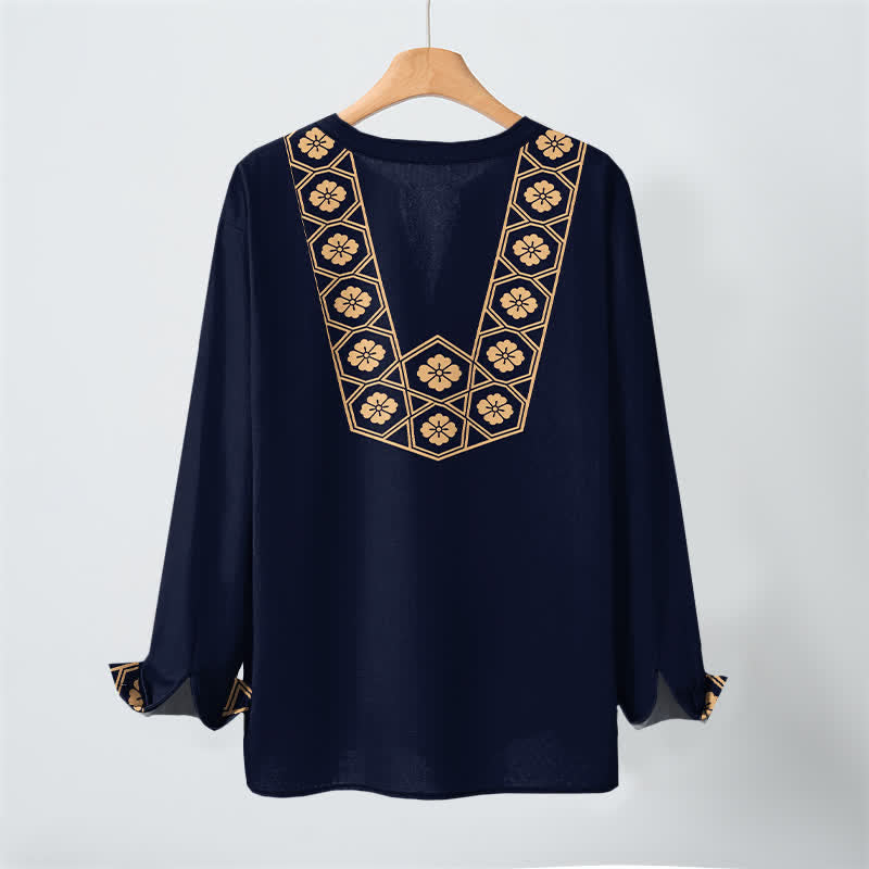 Buddha Stones Cotton Ethnic Flower Grid Pattern V-Neck Buttons Men's Long Sleeve Shirts - image 2