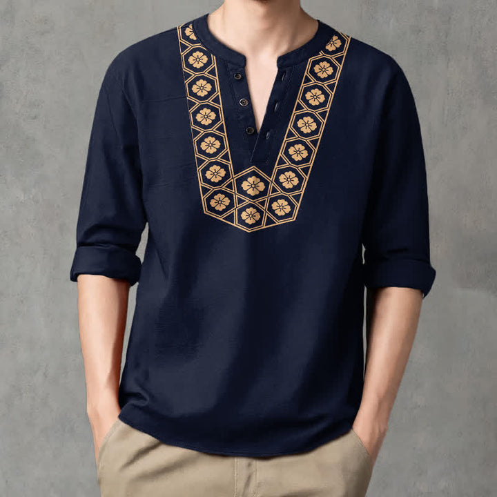 Buddha Stones Cotton Ethnic Flower Grid Pattern V-Neck Buttons Men's Long Sleeve Shirts - Navy - US/UK/AU48，EU58 (4XL) - image 0